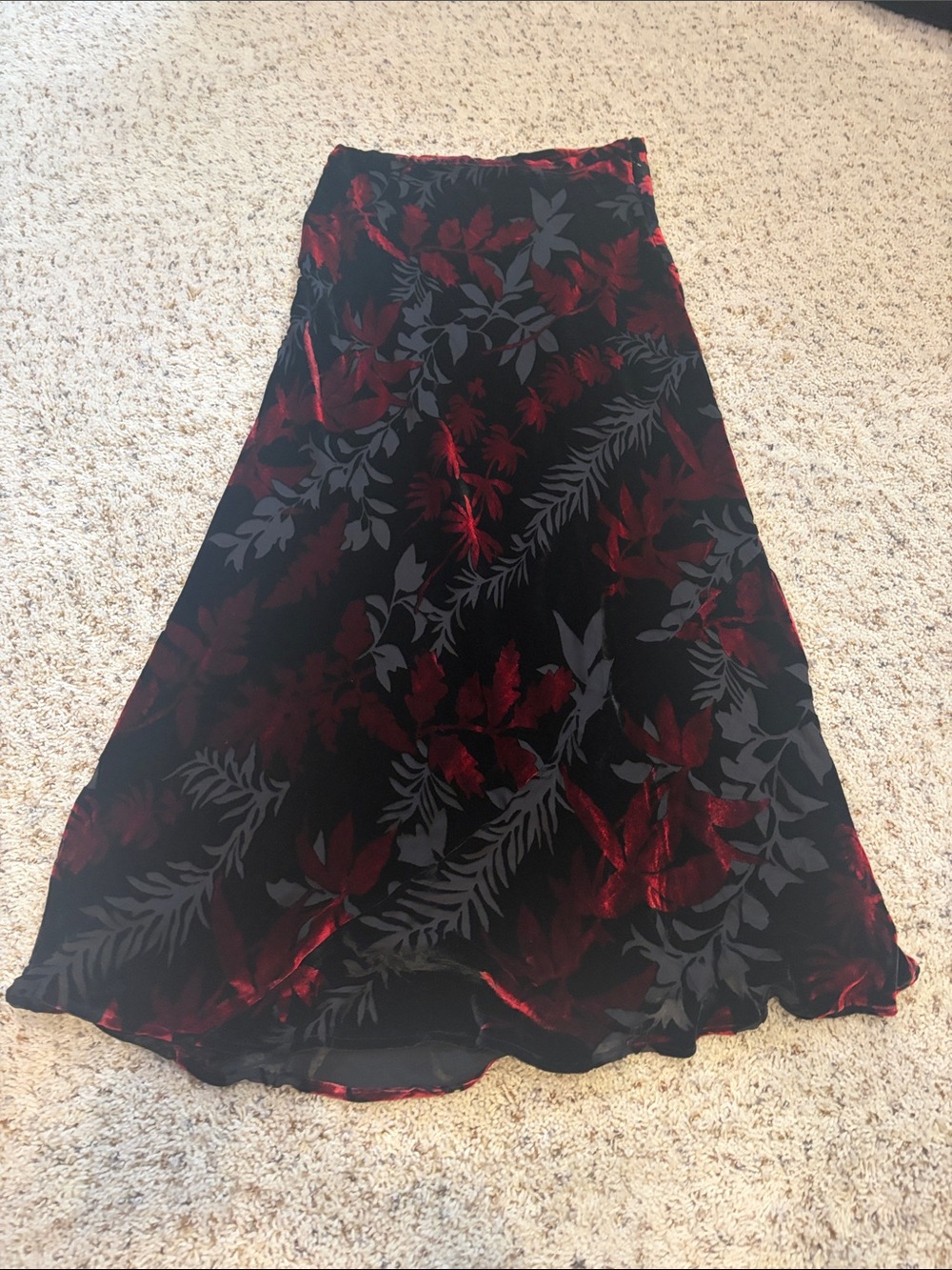 Black Velvet Maxi Skirt with Red Floral Accents